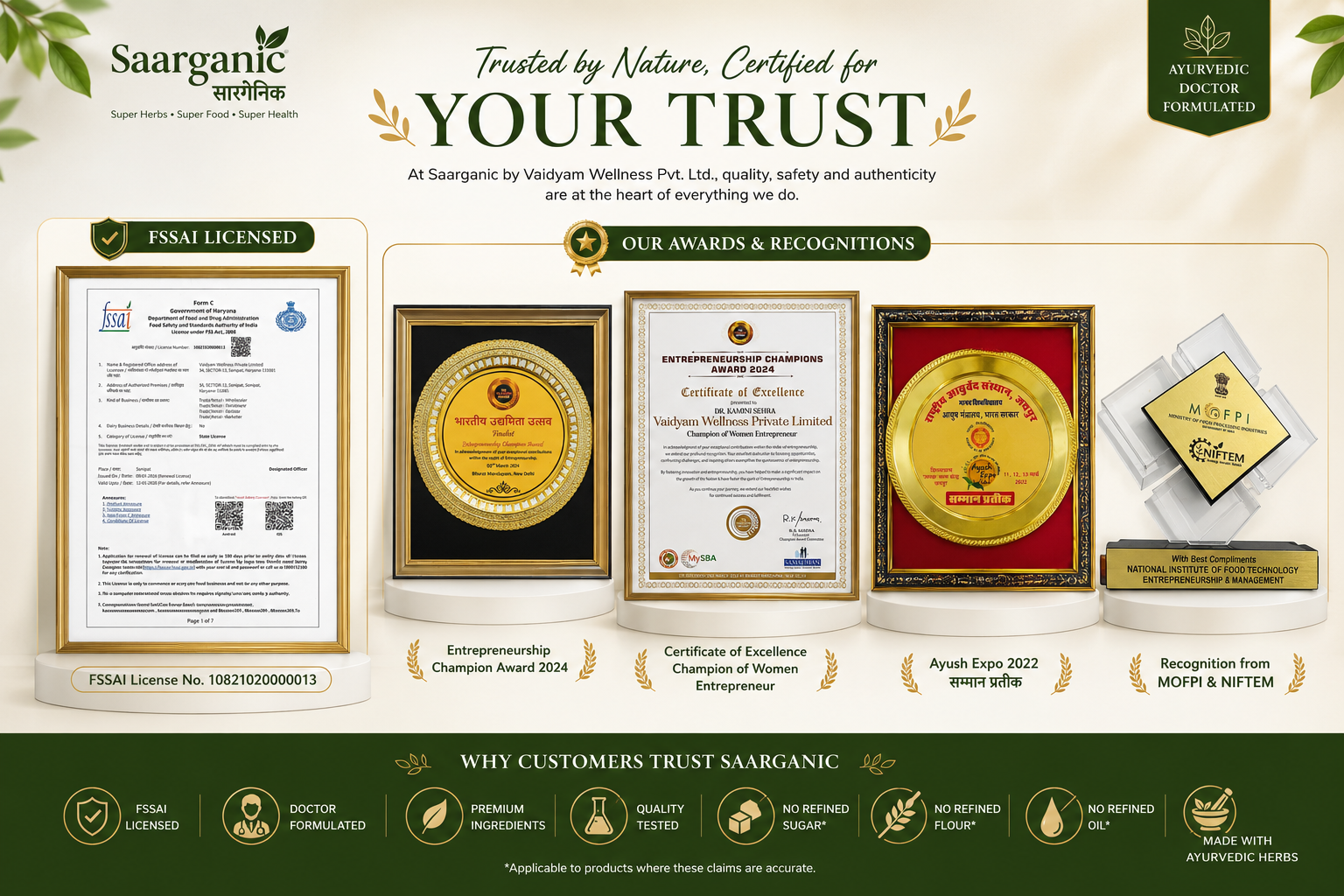 Saarganic Awards and Certifications including FSSAI License, Entrepreneurship Champion Award 2024, Champion of Women Entrepreneur Certificate, Ayush Expo Recognition, and MOFPI & NIFTEM Recognition