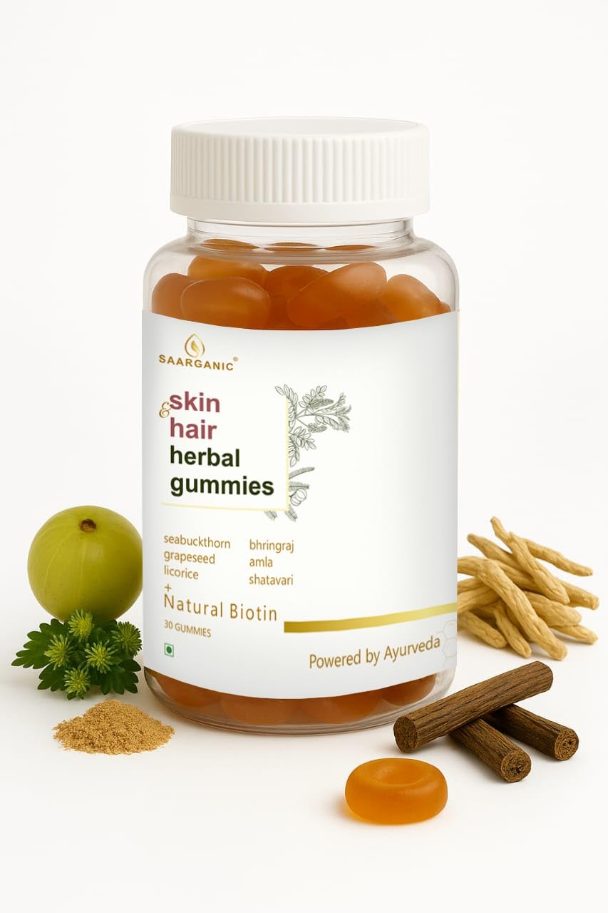 Saarganic Skin & Hair Herbal Gummies with Natural Biotin, Bhringraj, Amla, Licorice & Shatavri Ayurvedic Supplement