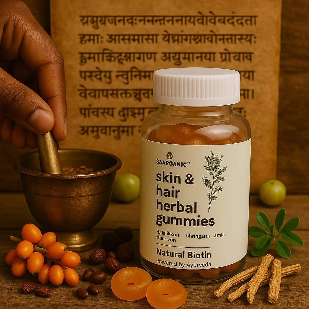 Saarganic Skin & Hair Herbal Gummies with Natural Biotin, Bhringraj, Amla, Licorice & Shatavri Ayurvedic Supplement