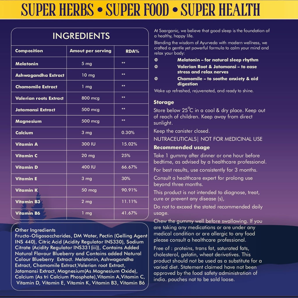 Sleepy Gummies for Peaceful Mind & Restful Sleep | Melatonin, Ashwagandha, Valerian Root & Chamomile | Natural Blueberry Flavour | 30 Gummies (114 g) | Blend of Ayurveda