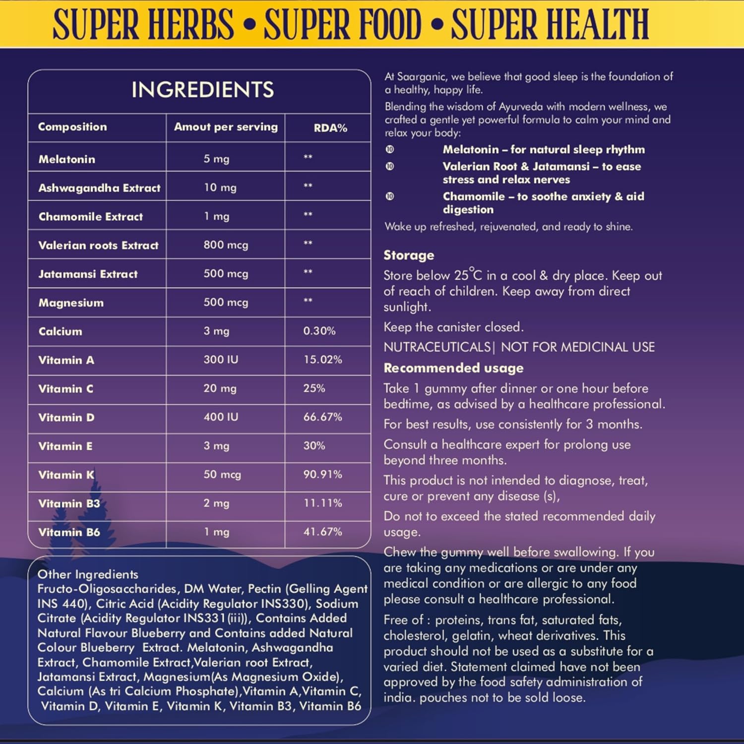 Sleepy Gummies for Peaceful Mind & Restful Sleep | Melatonin, Ashwagandha, Valerian Root & Chamomile | Natural Blueberry Flavour | 30 Gummies (114 g) | Blend of Ayurveda