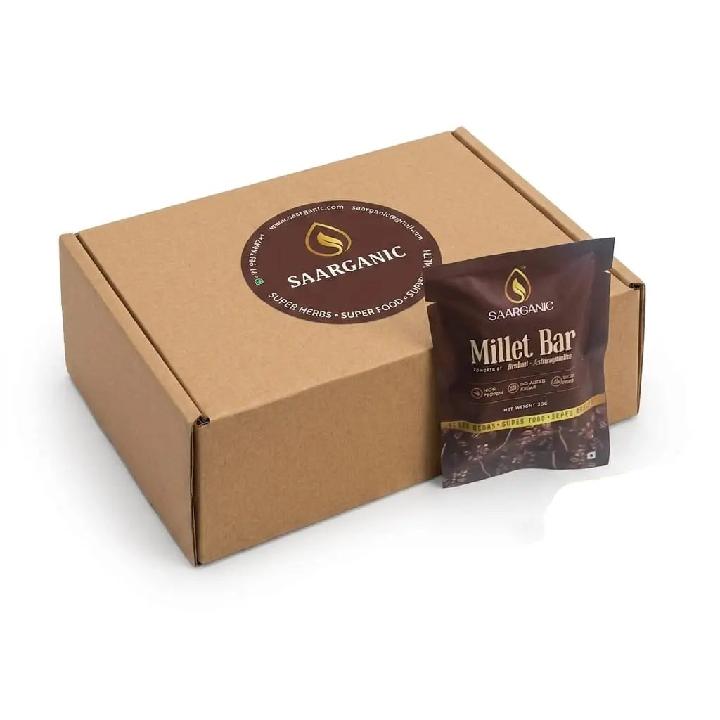 Brown cardboard box with a Saarganic Millet Bar package on a white background, Saarganic Millet Bar
Healthy Millet Protein Bar
Ragi and Amaranth Energy Bar
Dates and Whey Protein Bar
Ayurvedic Millet Snack
Natural Energy Nutrition Bar
Healthy Snack Bar India
High Protein Millet Bar
Sugar Free Millet Bar
Superfood Millet Nutrition Bar