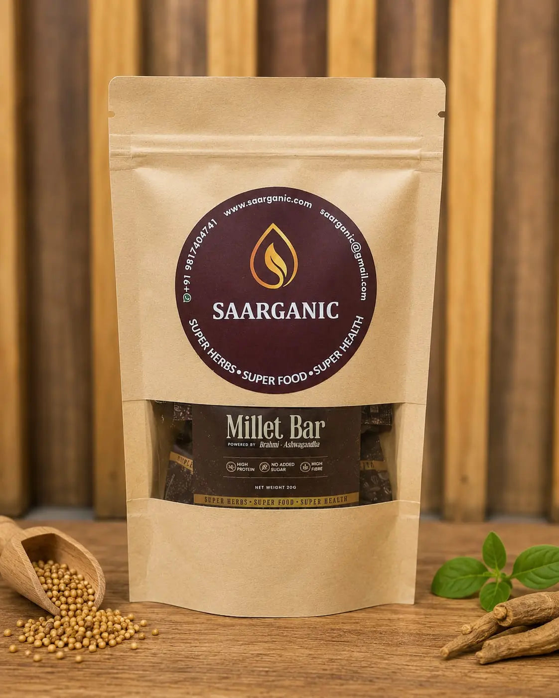 Kraft paper packaging of Saarganic Millet Bar with ingredients on a wooden surface, Saarganic Millet Bar
Healthy Millet Protein Bar
Ragi and Amaranth Energy Bar
Dates and Whey Protein Bar
Ayurvedic Millet Snack
Natural Energy Nutrition Bar
Healthy Snack Bar India
High Protein Millet Bar
Sugar Free Millet Bar
Superfood Millet Nutrition Bar