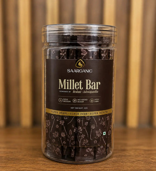 Jar of Saorganic Millet Bars on a wooden surface with a blurred background, Saarganic Millet Bar
Healthy Millet Protein Bar
Ragi and Amaranth Energy Bar
Dates and Whey Protein Bar
Ayurvedic Millet Snack
Natural Energy Nutrition Bar
Healthy Snack Bar India
High Protein Millet Bar
Sugar Free Millet Bar
Superfood Millet Nutrition Bar
