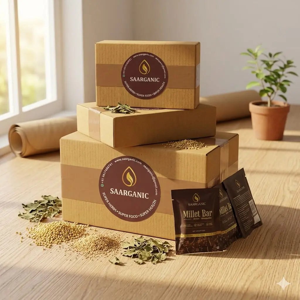 Stack of cardboard boxes with 'SAARGANIC' branding on a wooden surface., Saarganic Millet Bar
Healthy Millet Protein Bar
Ragi and Amaranth Energy Bar
Dates and Whey Protein Bar
Ayurvedic Millet Snack
Natural Energy Nutrition Bar
Healthy Snack Bar India
High Protein Millet Bar
Sugar Free Millet Bar
Superfood Millet Nutrition Bar