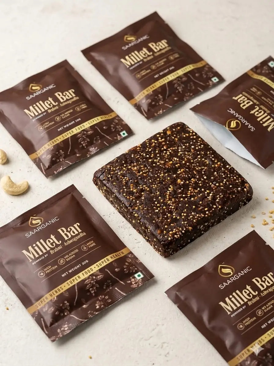 Millet bars with packaging on a light surface, Saarganic Millet Bar
Healthy Millet Protein Bar
Ragi and Amaranth Energy Bar
Dates and Whey Protein Bar
Ayurvedic Millet Snack
Natural Energy Nutrition Bar
Healthy Snack Bar India
High Protein Millet Bar
Sugar Free Millet Bar
Superfood Millet Nutrition Bar