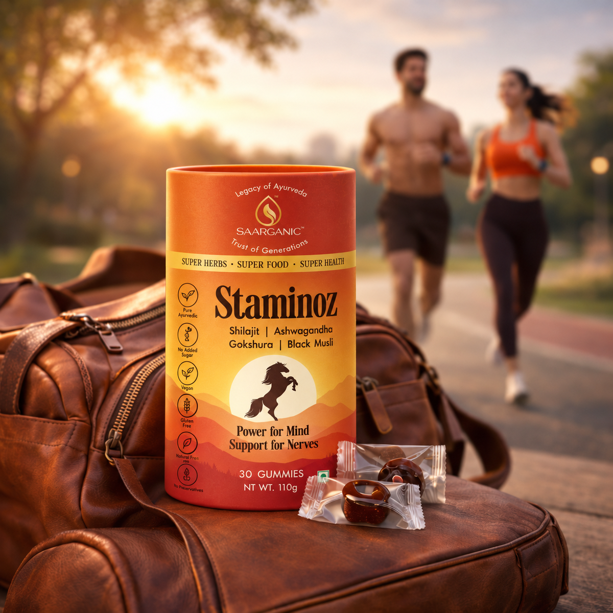 Fuel your everyday wellness with Saarganic Staminoz Herbal Gummies, featuring Shilajit, Ashwagandha, Gokshura, Black Musli, Kaunch and Ginger Extract. Inspired by Ayurvedic wisdom, these gummies are designed for convenient daily wellness support. With a premium herbal blend and a delicious gummy format, make Saarganic Staminoz a part of your active lifestyle.

Saarganic – Legacy of Ayurveda, Trust of Generations.