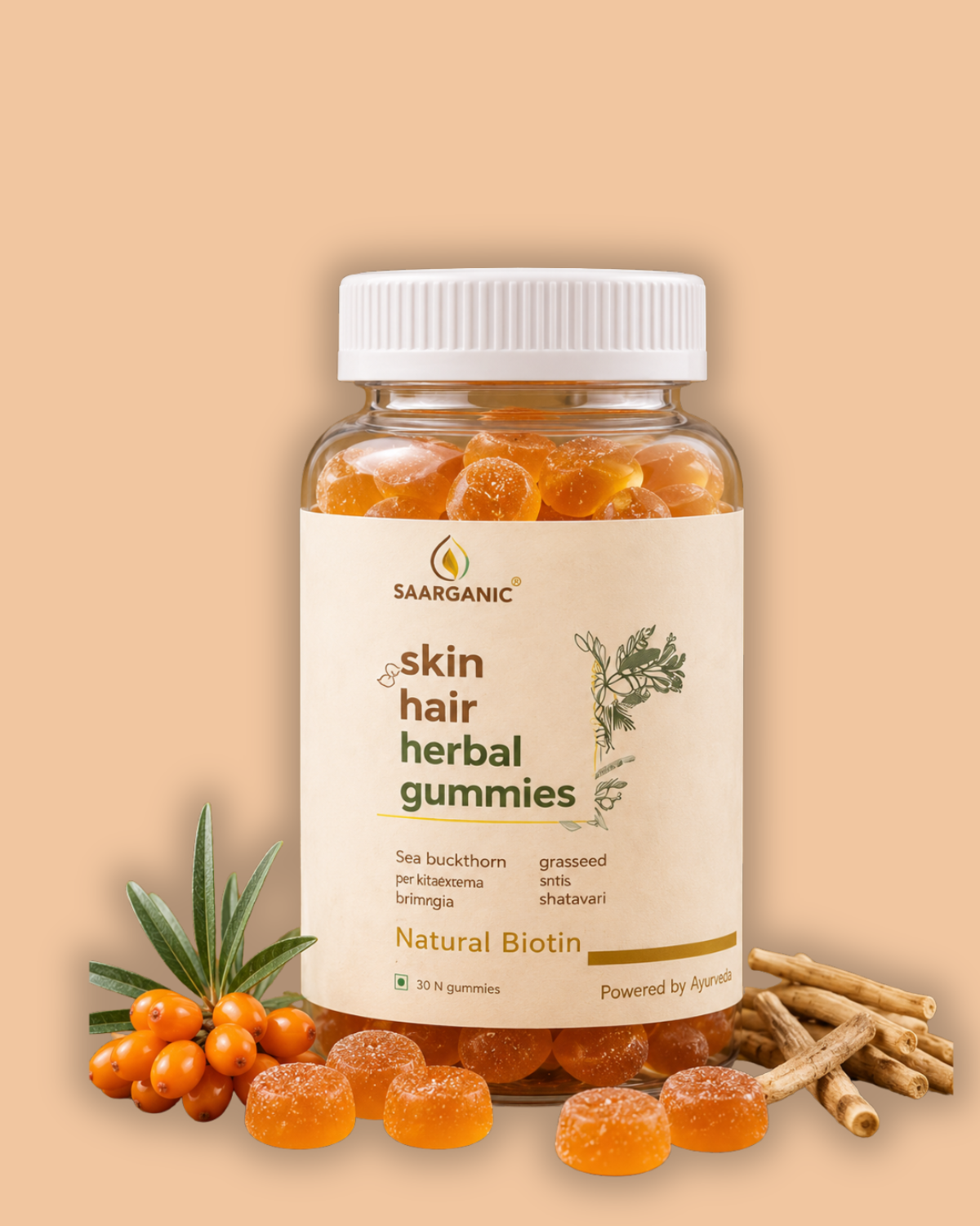 Jar of Saarganic skin hair herbal gummies with gummy bears on a beige background, Supplement jar with label on a beige background, Skin and Hair Saargnaic Gummies, gummy